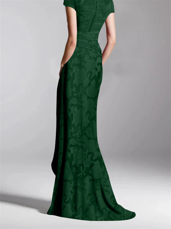 Sheath/Column V-Neck Short Sleeves Floor-Length Rose Lace Applique Mother of the Bride Dresses with Split Side