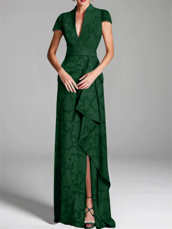 Sheath/Column V-Neck Short Sleeves Floor-Length Rose Lace Applique Mother of the Bride Dresses with Split Side