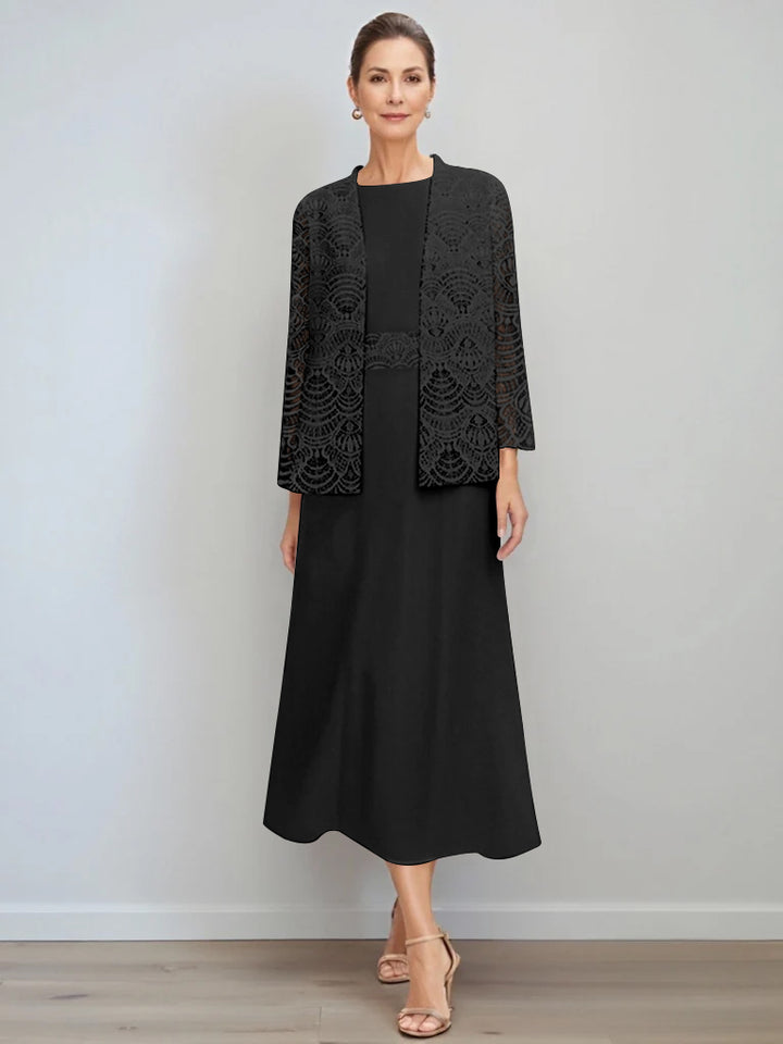 A-Line/Princess Jewel Neck Tea Length Mother of the Bride Dresses with Jacket & Lace
