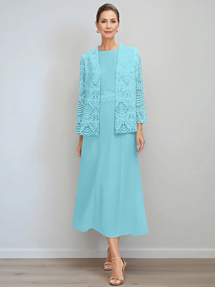 A-Line/Princess Jewel Neck Tea Length Mother of the Bride Dresses with Jacket & Lace