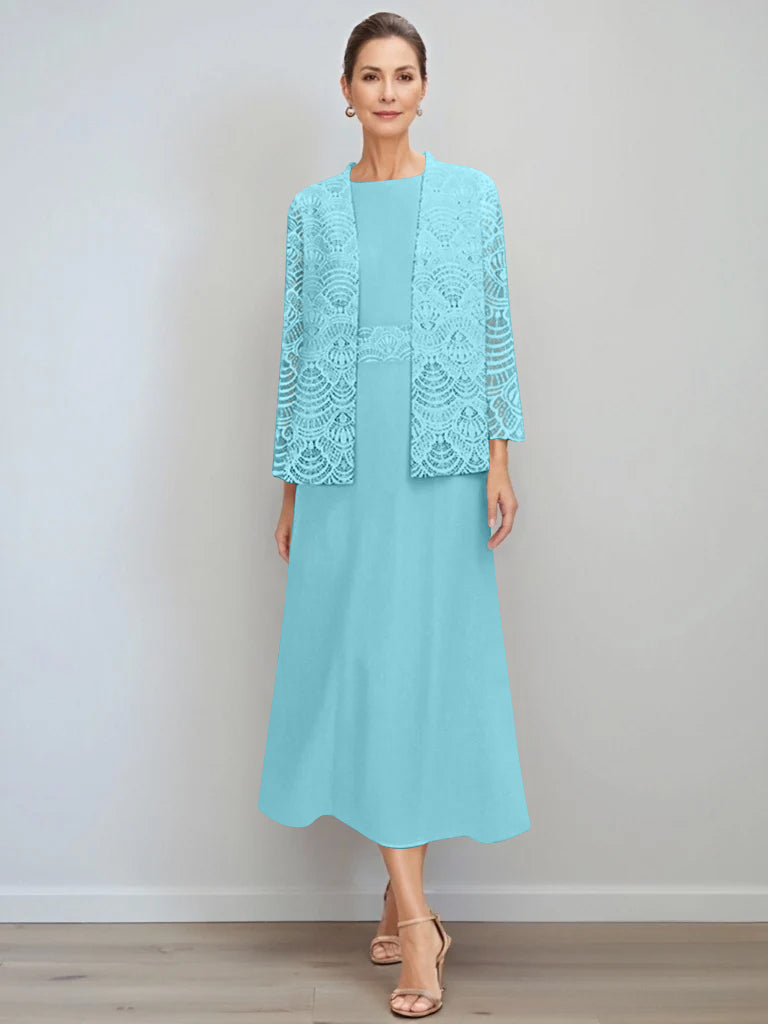 A-Line/Princess Jewel Neck Tea Length Mother of the Bride Dresses with Jacket & Lace