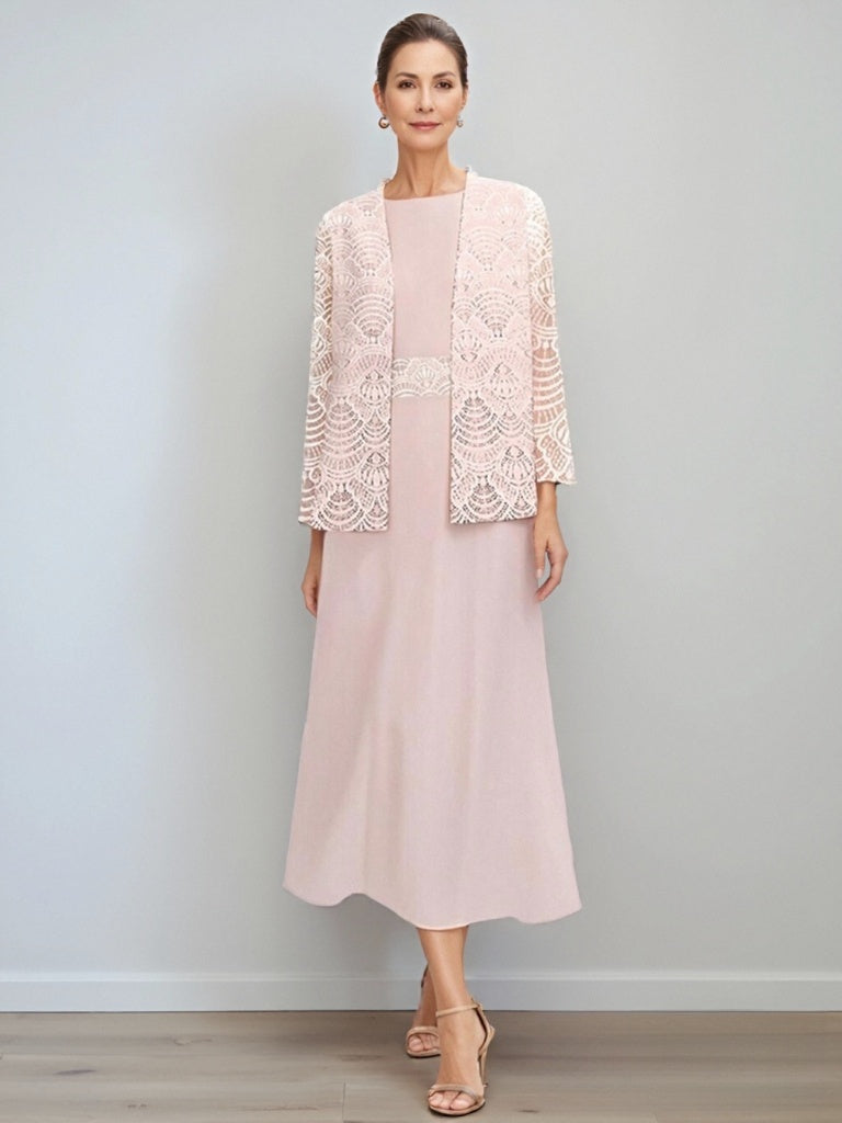 2 Pieces Mother of the Groom Dresses Pink Women's A-Line/Princess Jewel Neck Tea Length Formal Wedding Guest Evening Ball Gowns, As pic 2 Pieces Mother of the Groom Dresses Pink Women's A-Line/Princess Jewel Neck Tea Length Formal Wedding Guest Evening Ball Gowns, As pic