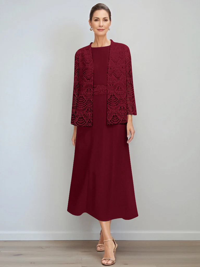 A-Line/Princess Jewel Neck Tea Length Mother of the Bride Dresses with Jacket & Lace