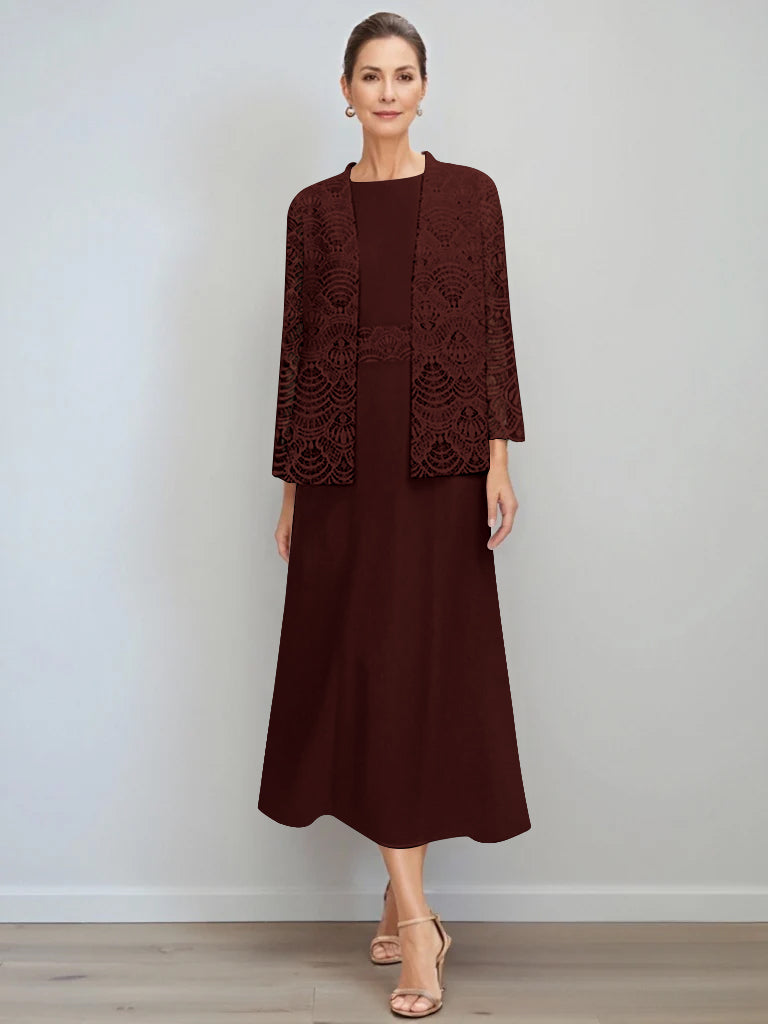 A-Line/Princess Jewel Neck Tea Length Mother of the Bride Dresses with Jacket & Lace