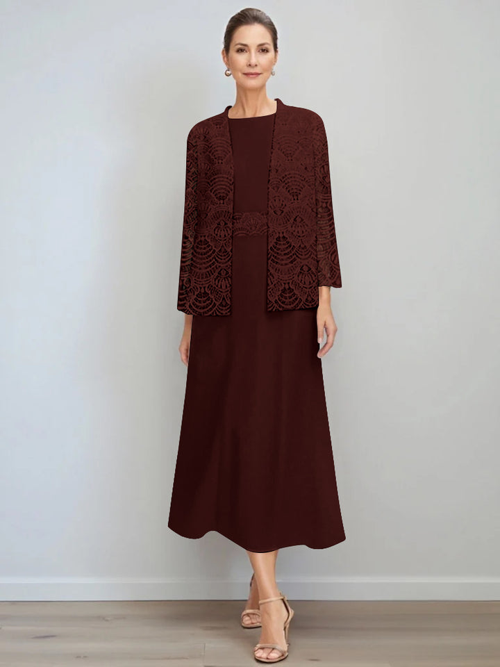 A-Line/Princess Jewel Neck Tea Length Mother of the Bride Dresses with Jacket & Lace