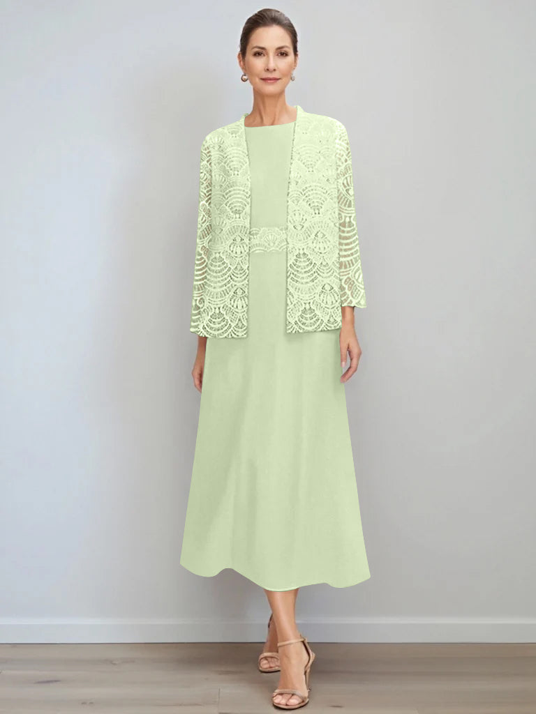 A-Line/Princess Jewel Neck Tea Length Mother of the Bride Dresses with Jacket & Lace