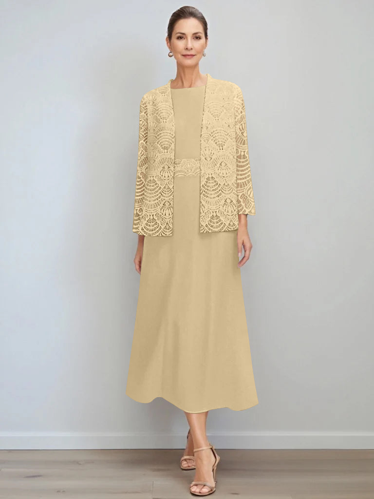A-Line/Princess Jewel Neck Tea Length Mother of the Bride Dresses with Jacket & Lace