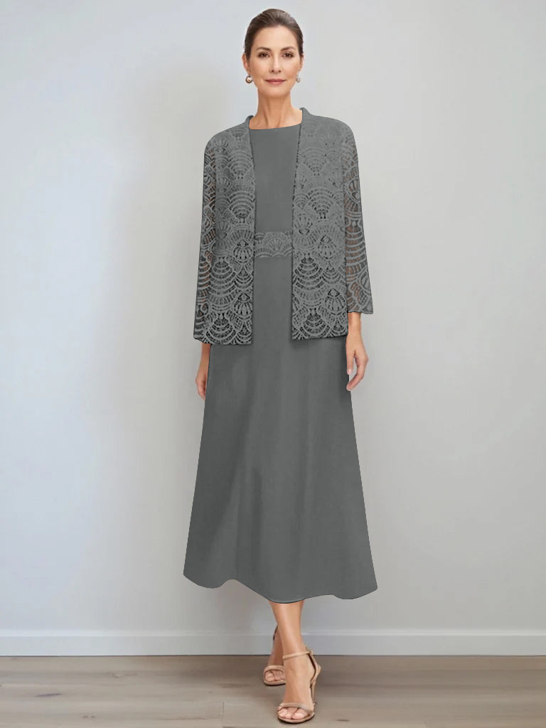A-Line/Princess Jewel Neck Tea Length Mother of the Bride Dresses with Jacket & Lace