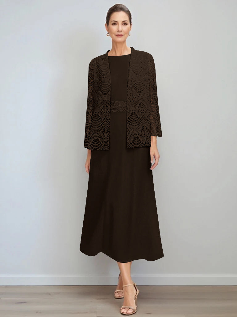 A-Line/Princess Jewel Neck Tea Length Mother of the Bride Dresses with Jacket & Lace