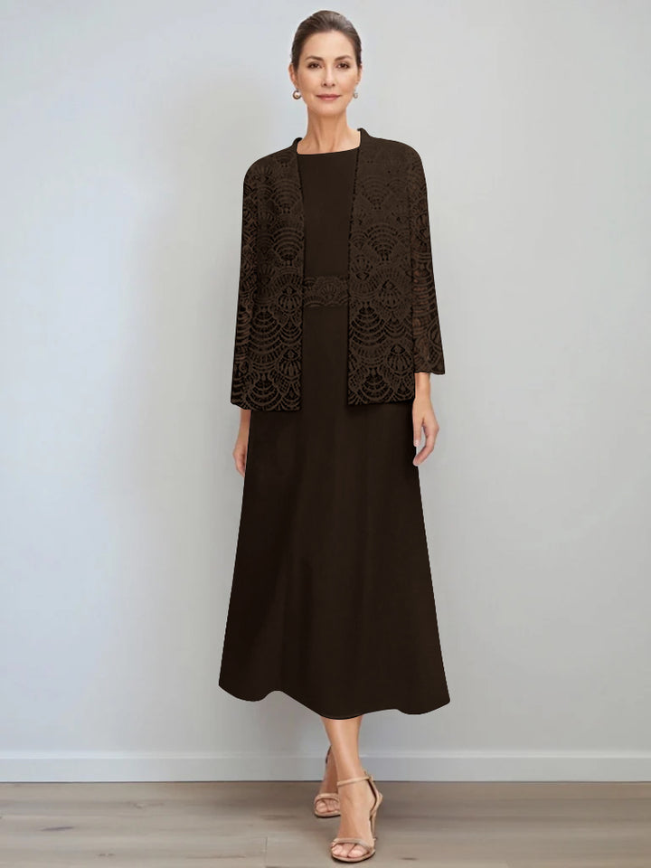 A-Line/Princess Jewel Neck Tea Length Mother of the Bride Dresses with Jacket & Lace