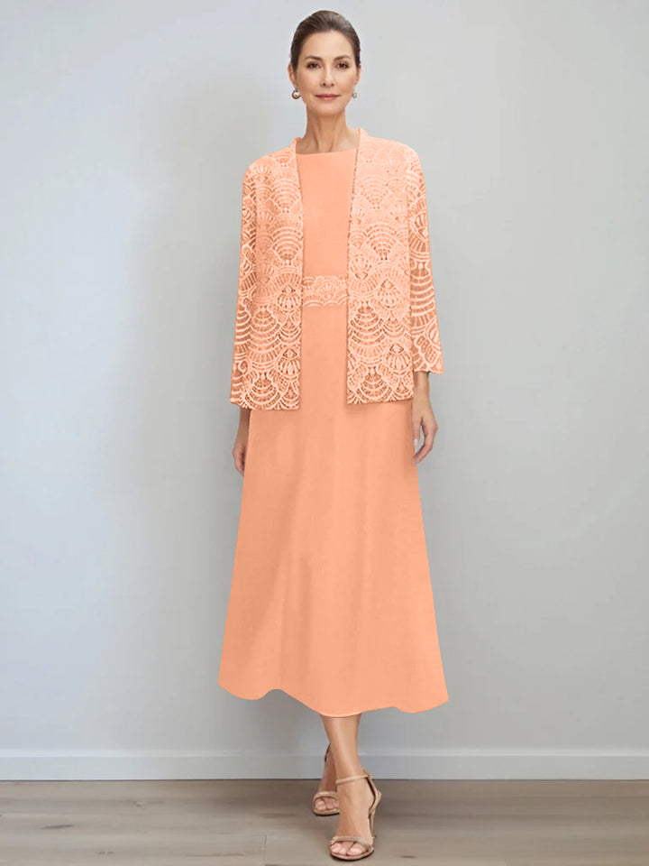 A-Line/Princess Jewel Neck Tea Length Mother of the Bride Dresses with Jacket & Lace