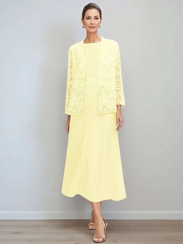 A-Line/Princess Jewel Neck Tea Length Mother of the Bride Dresses with Jacket & Lace
