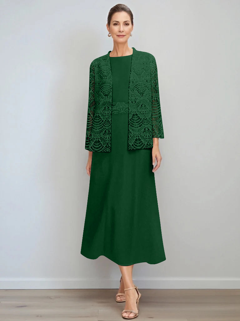 A-Line/Princess Jewel Neck Tea Length Mother of the Bride Dresses with Jacket & Lace