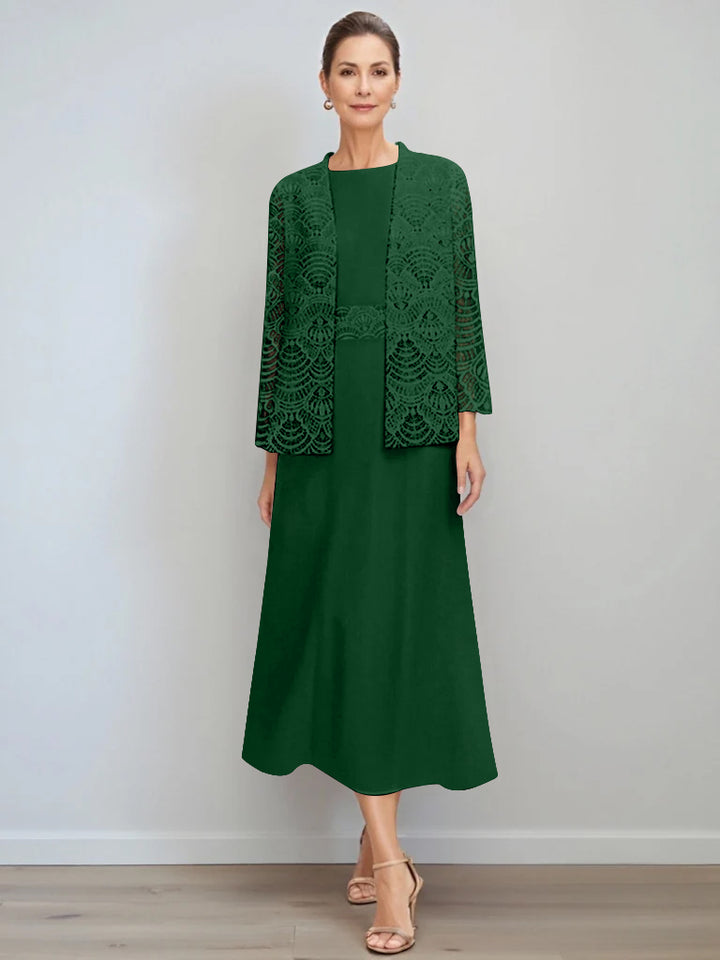 A-Line/Princess Jewel Neck Tea Length Mother of the Bride Dresses with Jacket & Lace