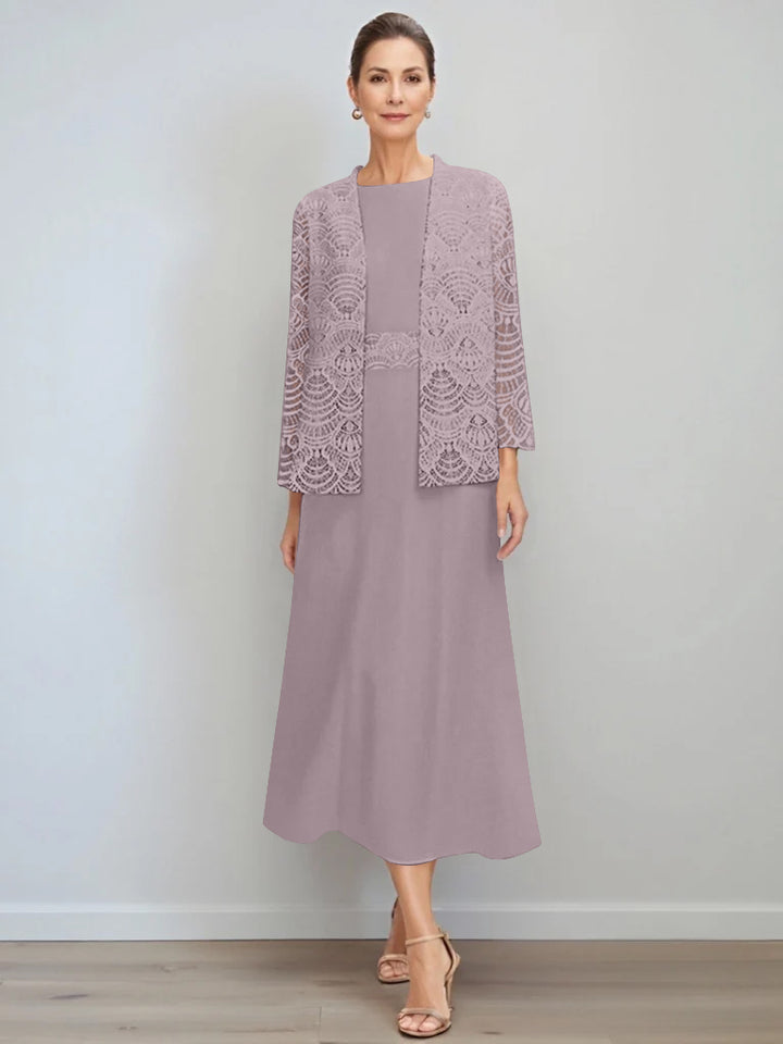 A-Line/Princess Jewel Neck Tea Length Mother of the Bride Dresses with Jacket & Lace