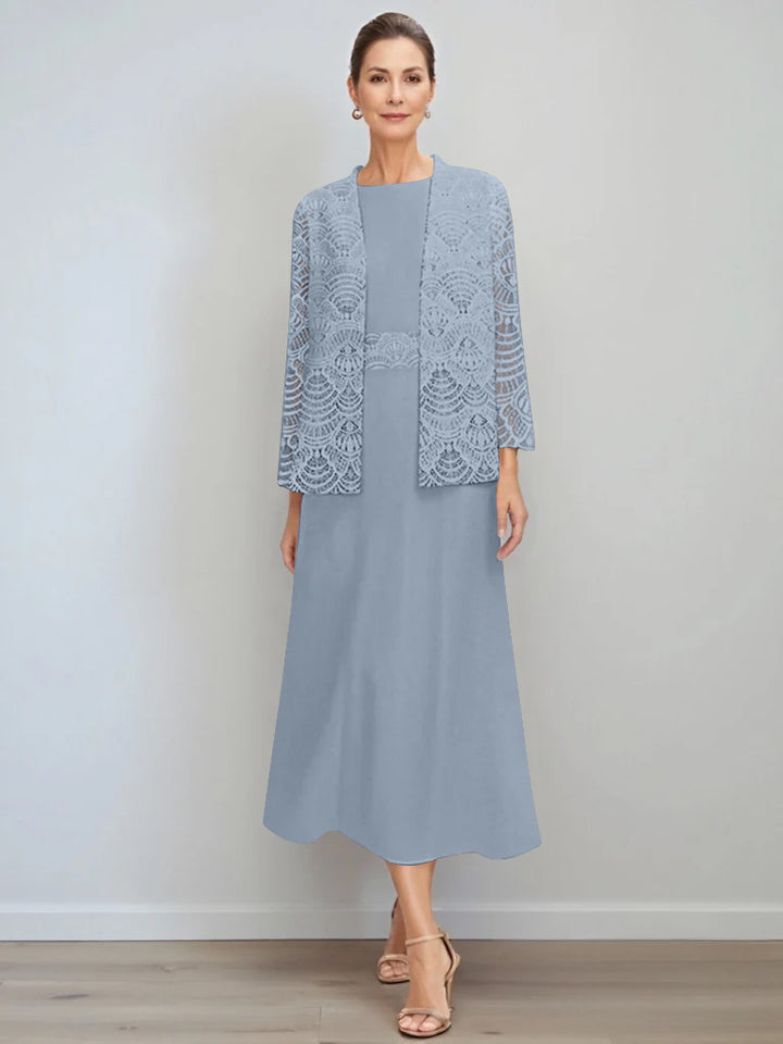 A-Line/Princess Jewel Neck Tea Length Mother of the Bride Dresses with Jacket & Lace