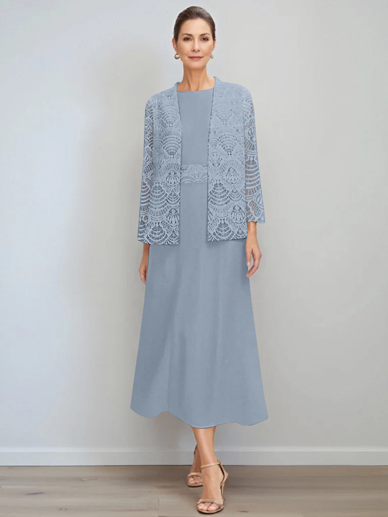 A-Line/Princess Jewel Neck Tea Length Mother of the Bride Dresses with Jacket & Lace
