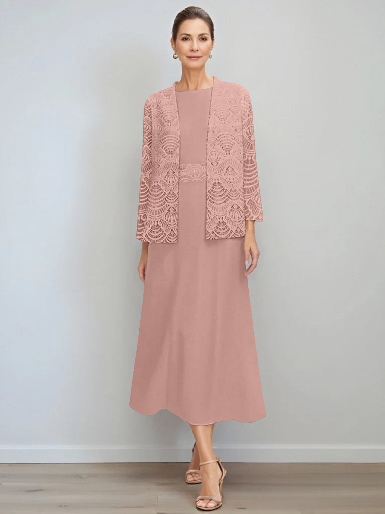 A-Line/Princess Jewel Neck Tea Length Mother of the Bride Dresses with Jacket & Lace