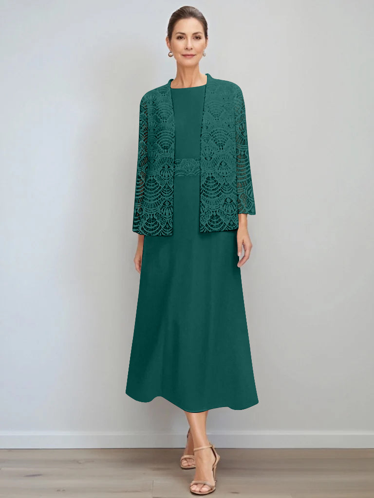 A-Line/Princess Jewel Neck Tea Length Mother of the Bride Dresses with Jacket & Lace