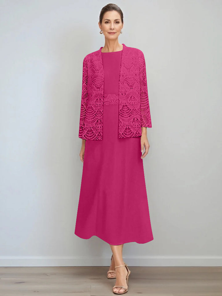 A-Line/Princess Jewel Neck Tea Length Mother of the Bride Dresses with Jacket & Lace