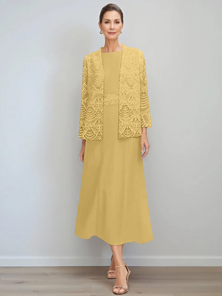 A-Line/Princess Jewel Neck Tea Length Mother of the Bride Dresses with Jacket & Lace