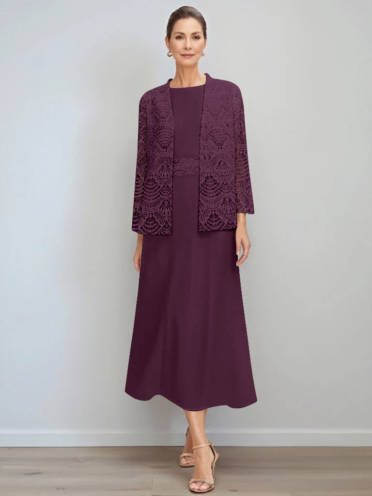 A-Line/Princess Jewel Neck Tea Length Mother of the Bride Dresses with Jacket & Lace