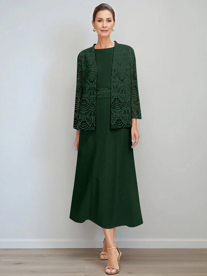 A-Line/Princess Jewel Neck Tea Length Mother of the Bride Dresses with Jacket & Lace