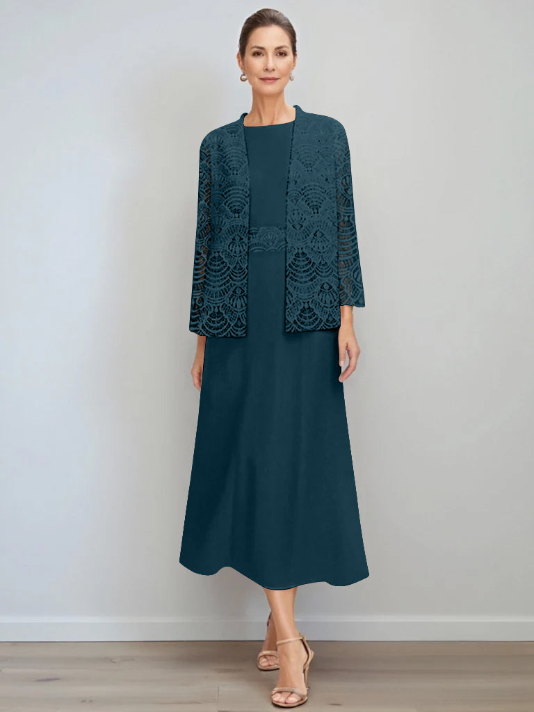 A-Line/Princess Jewel Neck Tea Length Mother of the Bride Dresses with Jacket & Lace