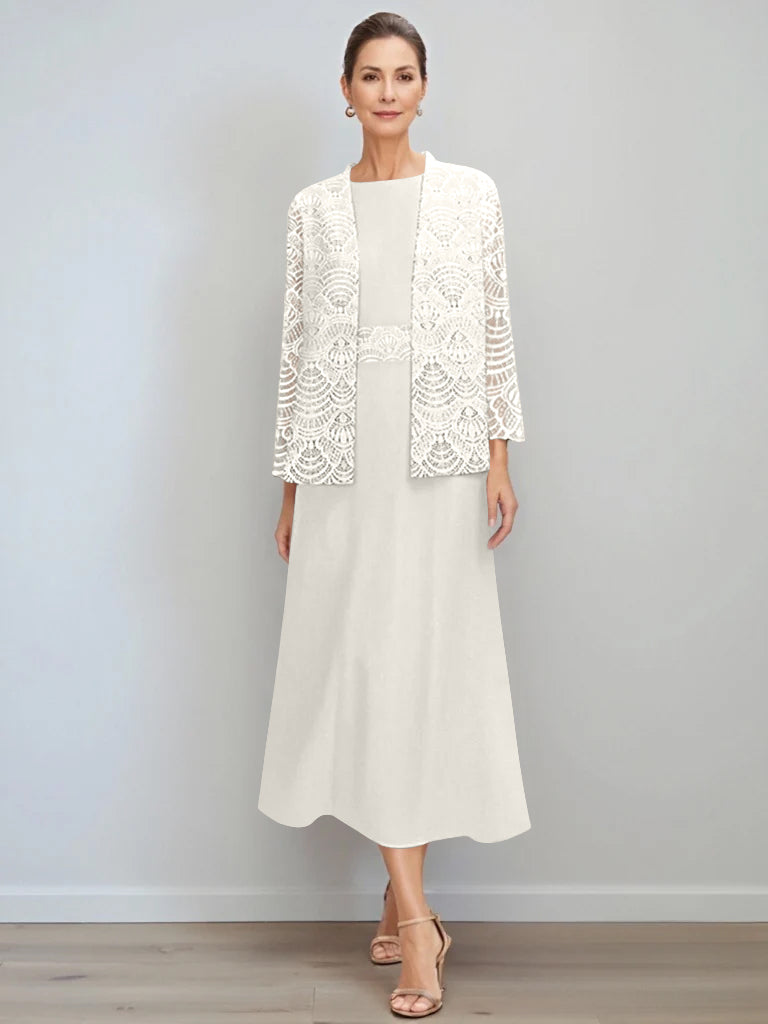 A-Line/Princess Jewel Neck Tea Length Mother of the Bride Dresses with Jacket & Lace