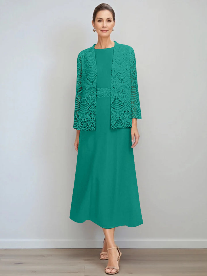 A-Line/Princess Jewel Neck Tea Length Mother of the Bride Dresses with Jacket & Lace