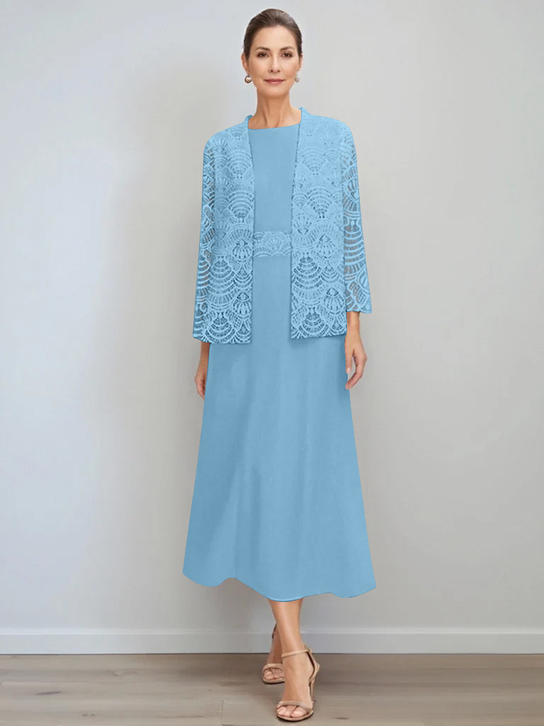 A-Line/Princess Jewel Neck Tea Length Mother of the Bride Dresses with Jacket & Lace