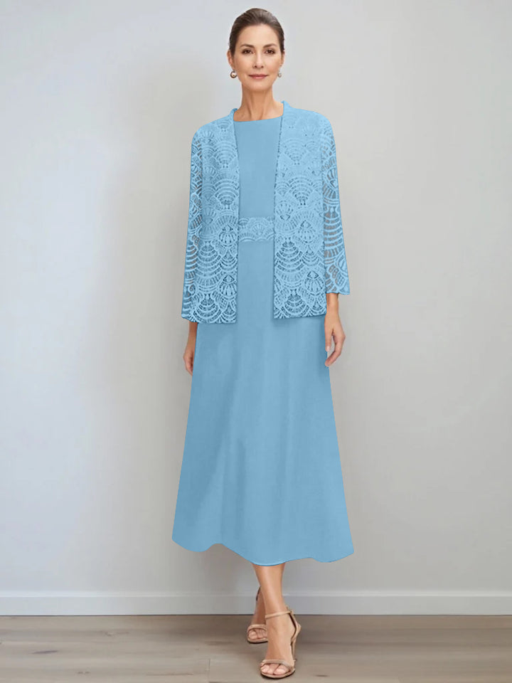 A-Line/Princess Jewel Neck Tea Length Mother of the Bride Dresses with Jacket & Lace
