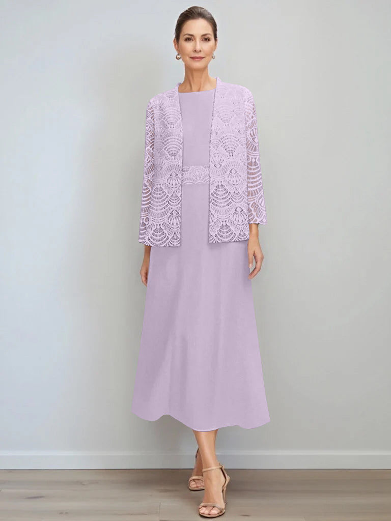 A-Line/Princess Jewel Neck Tea Length Mother of the Bride Dresses with Jacket & Lace