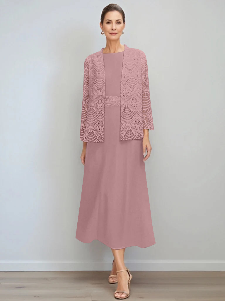 A-Line/Princess Jewel Neck Tea Length Mother of the Bride Dresses with Jacket & Lace