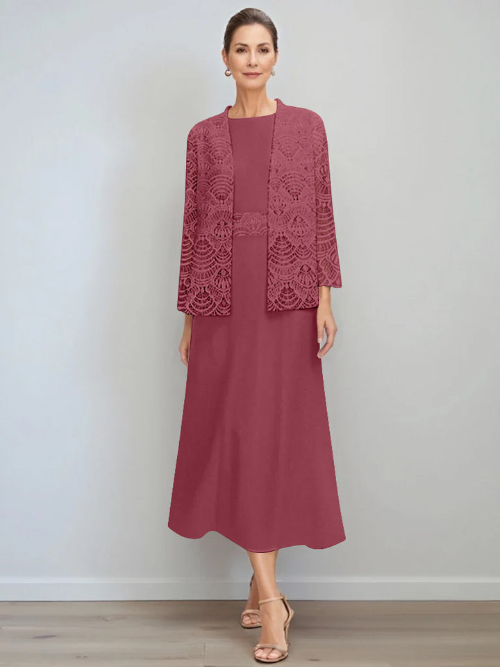 A-Line/Princess Jewel Neck Tea Length Mother of the Bride Dresses with Jacket & Lace