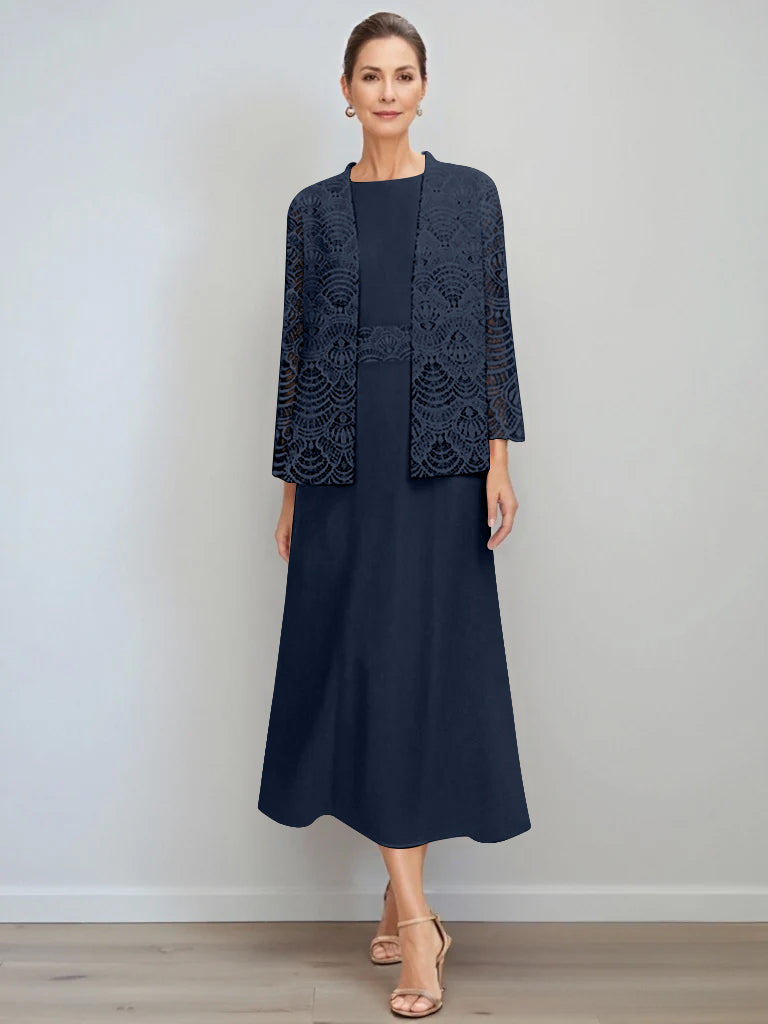 A-Line/Princess Jewel Neck Tea Length Mother of the Bride Dresses with Jacket & Lace