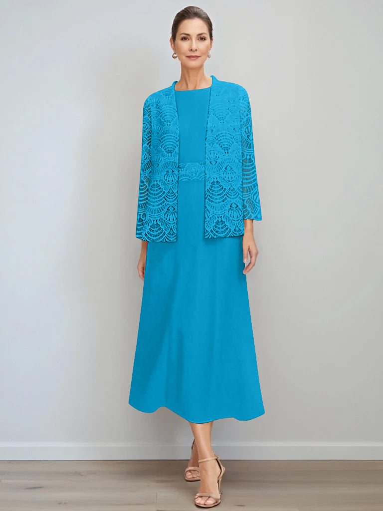 A-Line/Princess Jewel Neck Tea Length Mother of the Bride Dresses with Jacket & Lace