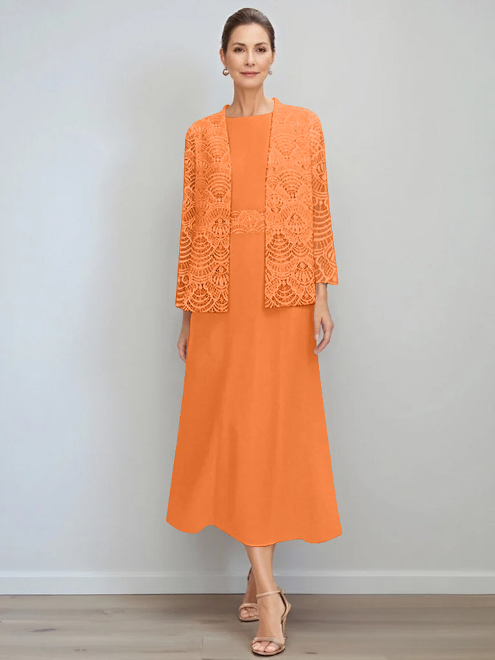 A-Line/Princess Jewel Neck Tea Length Mother of the Bride Dresses with Jacket & Lace
