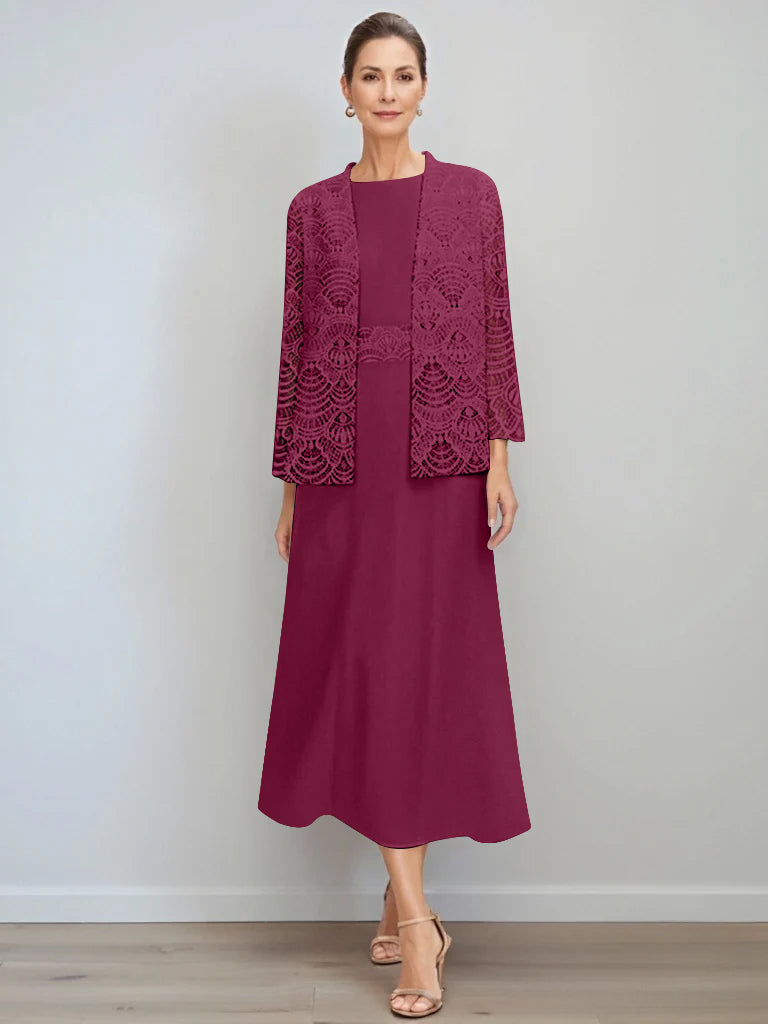 A-Line/Princess Jewel Neck Tea Length Mother of the Bride Dresses with Jacket & Lace