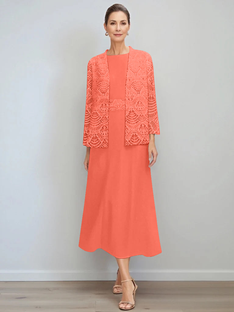 A-Line/Princess Jewel Neck Tea Length Mother of the Bride Dresses with Jacket & Lace