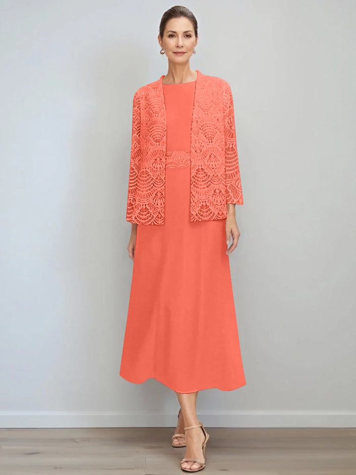 A-Line/Princess Jewel Neck Tea Length Mother of the Bride Dresses with Jacket & Lace