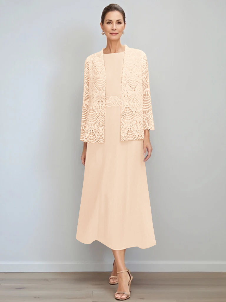 A-Line/Princess Jewel Neck Tea Length Mother of the Bride Dresses with Jacket & Lace