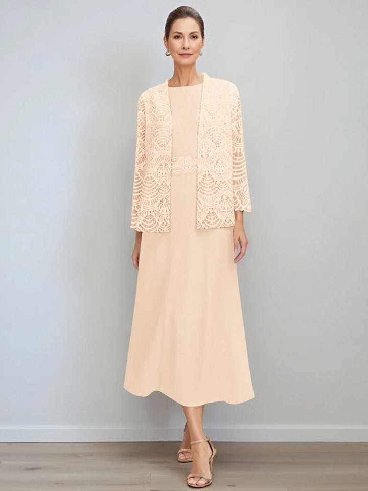 A-Line/Princess Jewel Neck Tea Length Mother of the Bride Dresses with Jacket & Lace