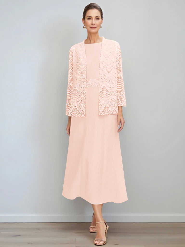 A-Line/Princess Jewel Neck Tea Length Mother of the Bride Dresses with Jacket & Lace
