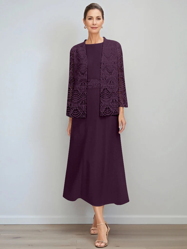 A-Line/Princess Jewel Neck Tea Length Mother of the Bride Dresses with Jacket & Lace