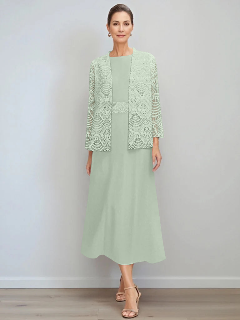 A-Line/Princess Jewel Neck Tea Length Mother of the Bride Dresses with Jacket & Lace