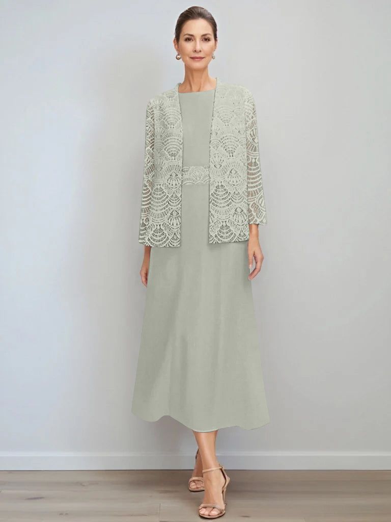 A-Line/Princess Jewel Neck Tea Length Mother of the Bride Dresses with Jacket & Lace