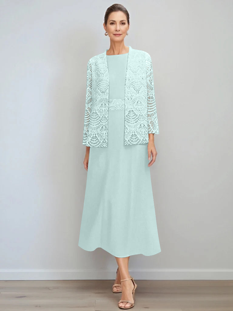 A-Line/Princess Jewel Neck Tea Length Mother of the Bride Dresses with Jacket & Lace