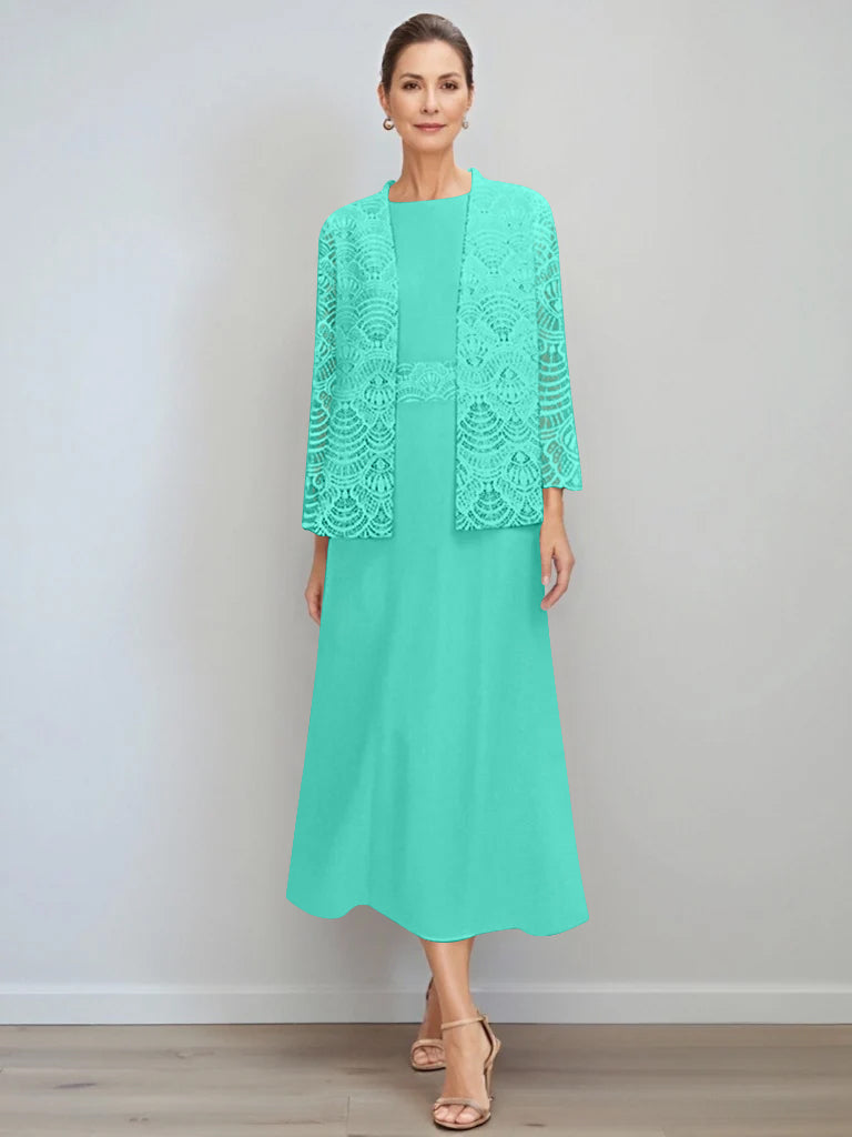 A-Line/Princess Jewel Neck Tea Length Mother of the Bride Dresses with Jacket & Lace