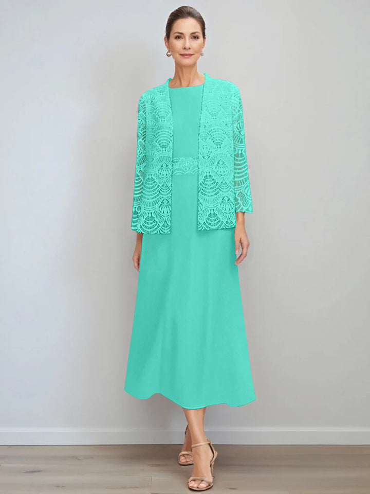 A-Line/Princess Jewel Neck Tea Length Mother of the Bride Dresses with Jacket & Lace